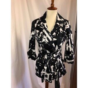New Woman Heart Soul Black/White Button Down Belted Coat Jacket 3/4 Sleeve Med